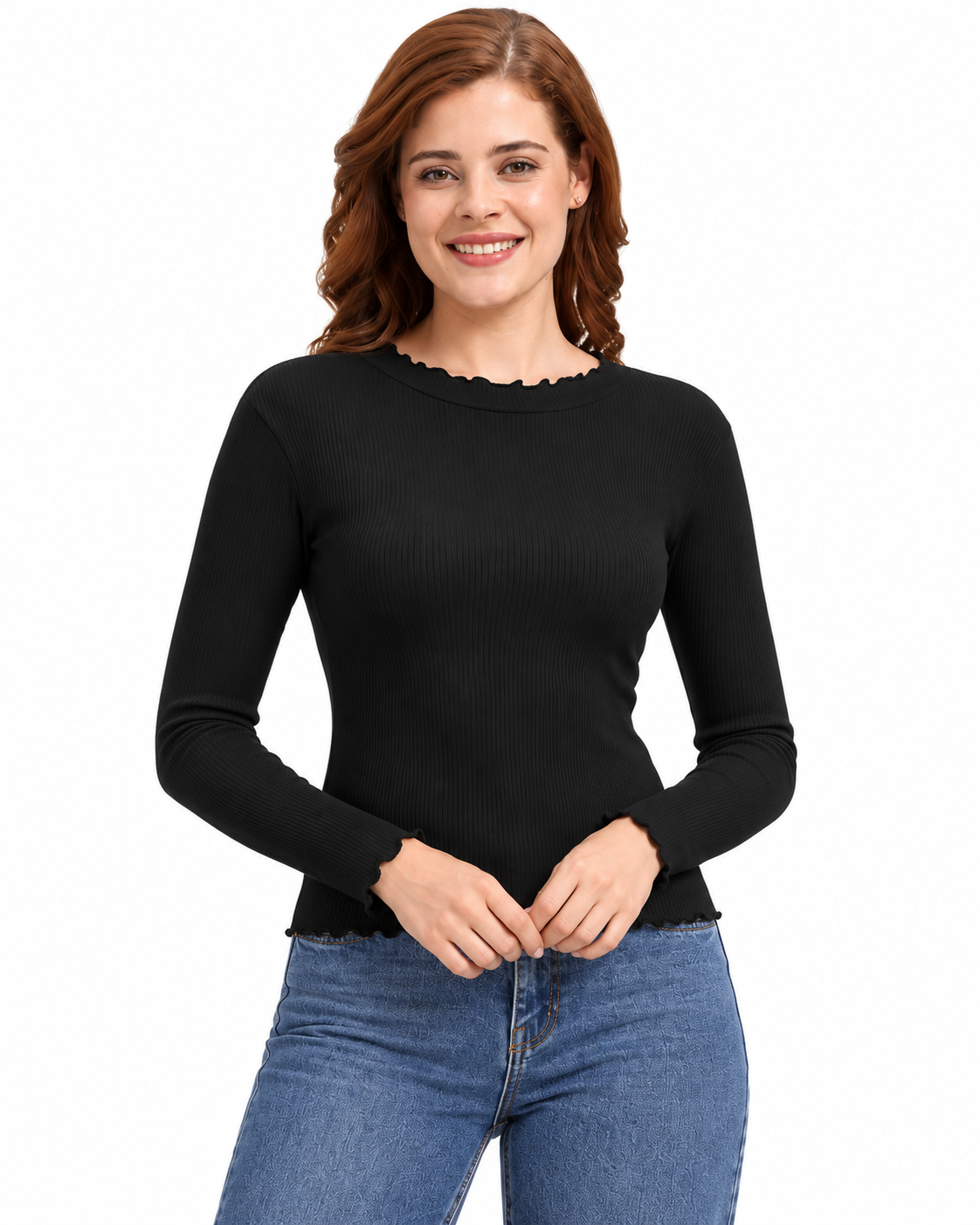 Women's Black Ruffle Neck Top | Long Sleeve Slim Fit Blouse | Soft Stretch Fabric | Stylish Casual & Office Wear Top for Women