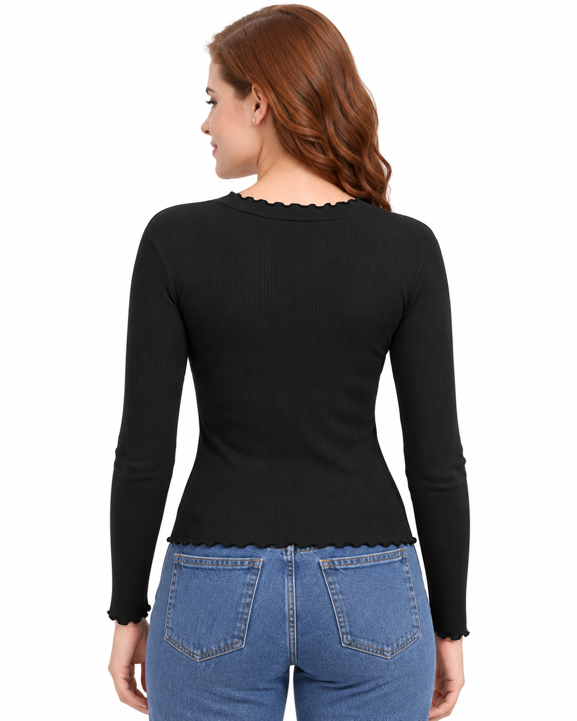 Women's Black Ruffle Neck Top | Long Sleeve Slim Fit Blouse | Soft Stretch Fabric | Stylish Casual & Office Wear Top for Women