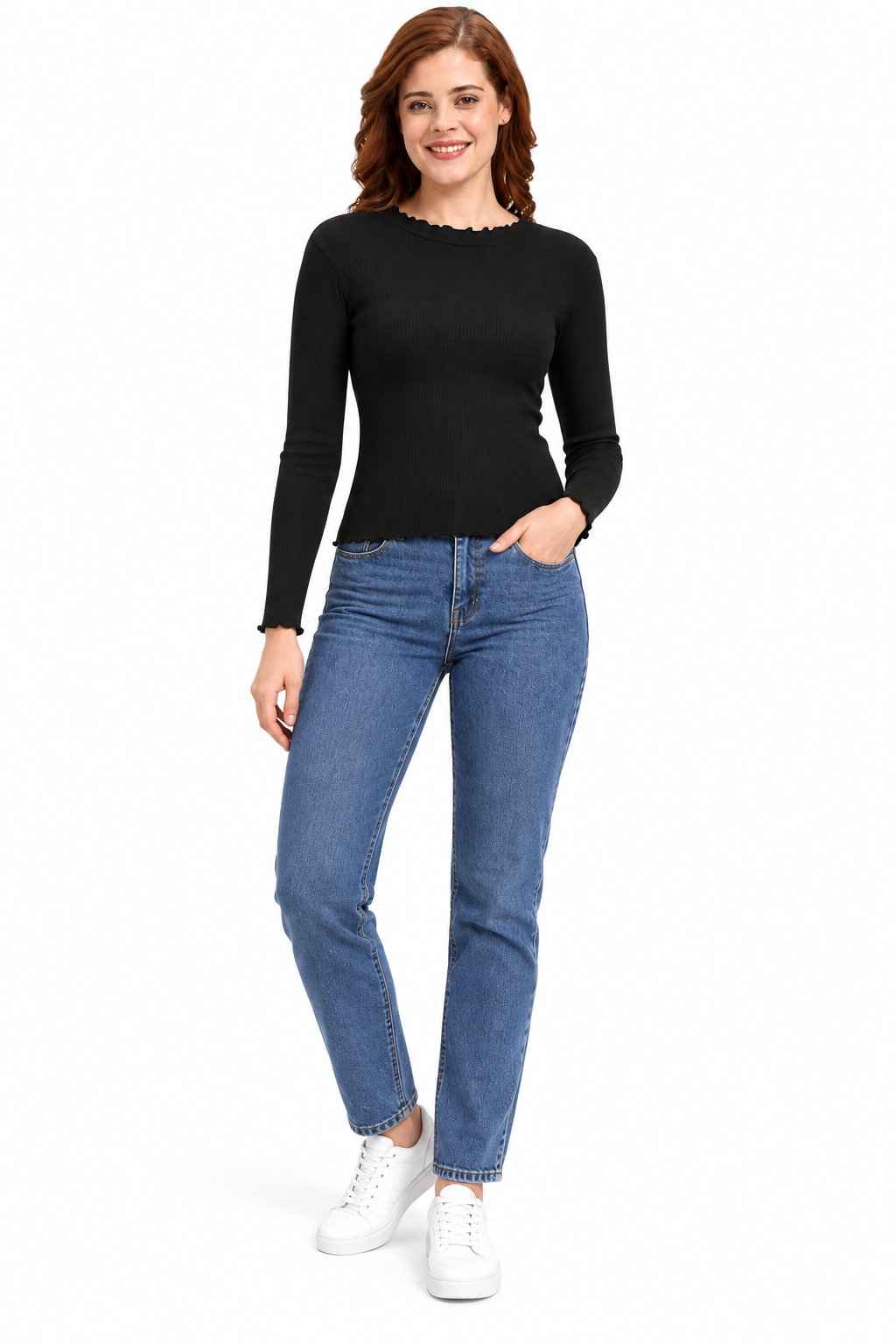 Women's Black Ruffle Neck Top | Long Sleeve Slim Fit Blouse | Soft Stretch Fabric | Stylish Casual & Office Wear Top for Women