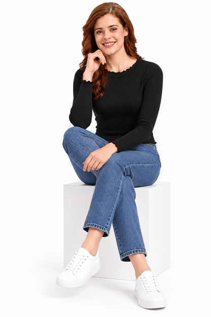 Women's Black Ruffle Neck Top | Long Sleeve Slim Fit Blouse | Soft Stretch Fabric | Stylish Casual & Office Wear Top for Women