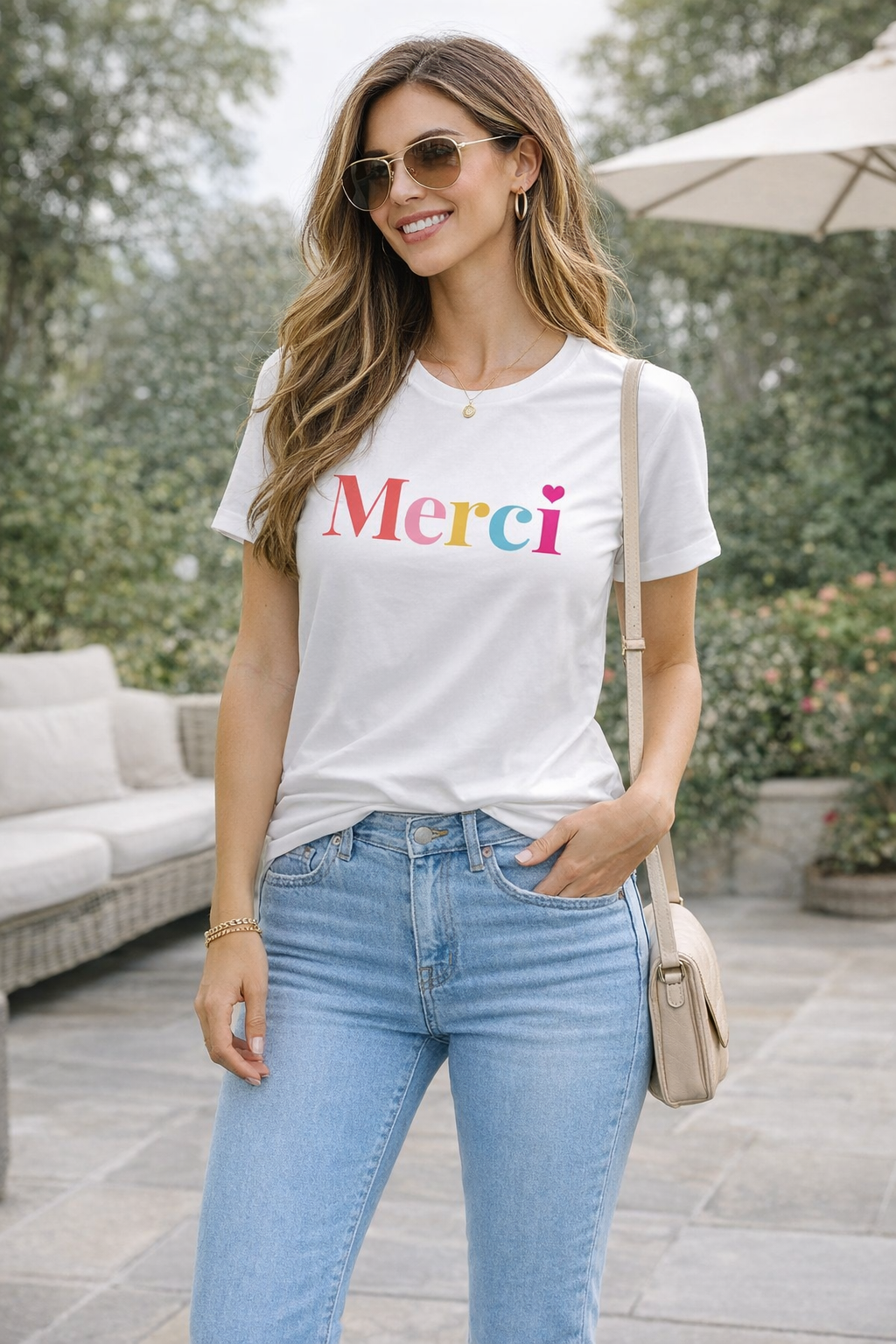 Merci Graphic T-Shirt for Women | Cute White Cotton Casual Tee | Minimalist Fashion | Pd Clori