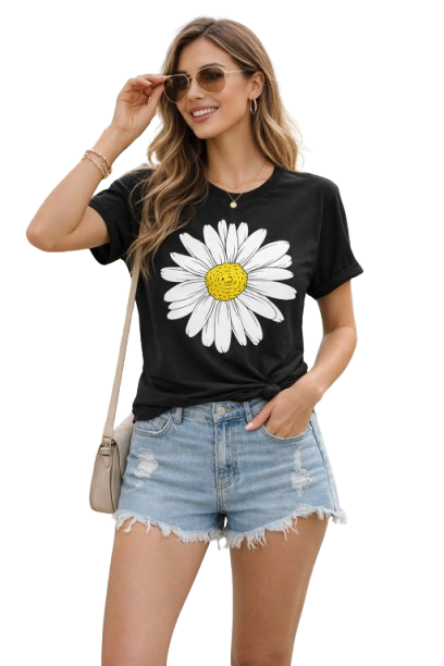 Minimal Daisy Graphic Black T-Shirt for Women | Aesthetic Floral Tee by Pd Clori