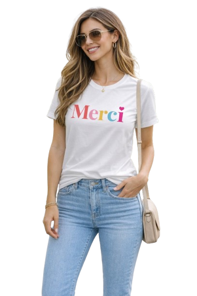 Merci Graphic T-Shirt for Women | Cute White Cotton Casual Tee | Minimalist Fashion | Pd Clori
