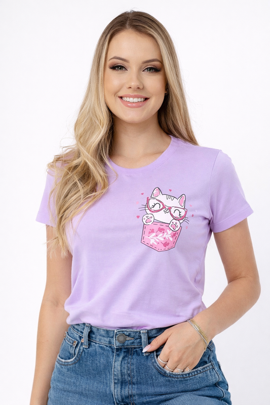 Cute Cat Pocket Graphic Lavender T-Shirt for Women | Kawaii Aesthetic Tee by Pd Clori