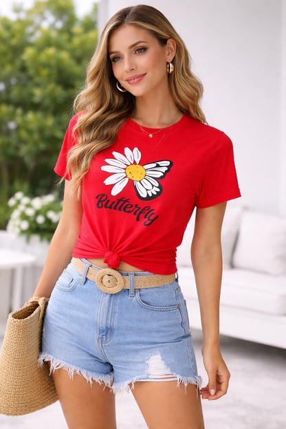 Butterfly Daisy Graphic T-Shirt for Women | Minimal Aesthetic Cotton Tee by Pd Clori