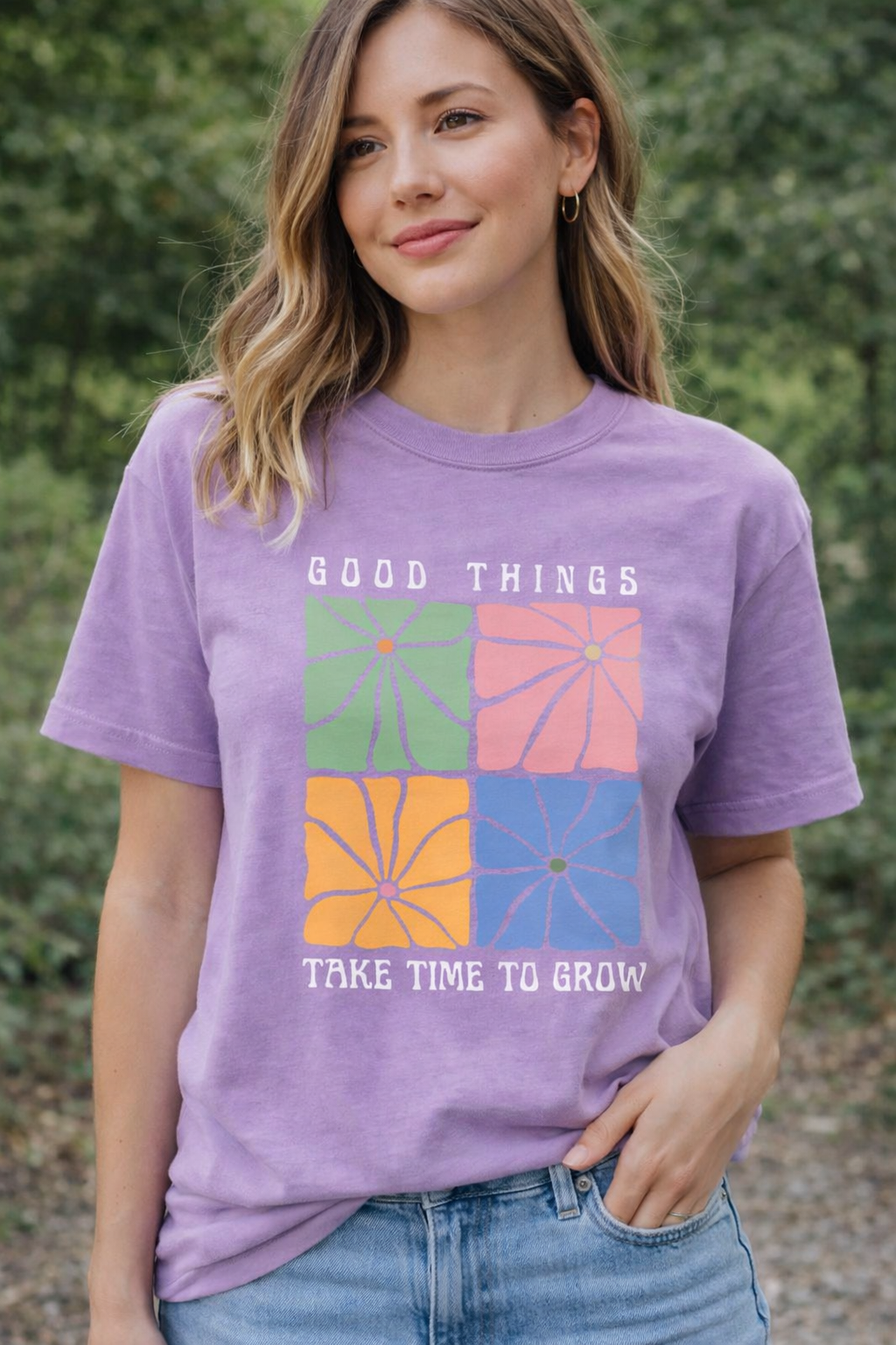 “Good Things Take Time to Grow” Graphic T-Shirt for Women | Aesthetic Lavender Cotton Tee by Pd Clori