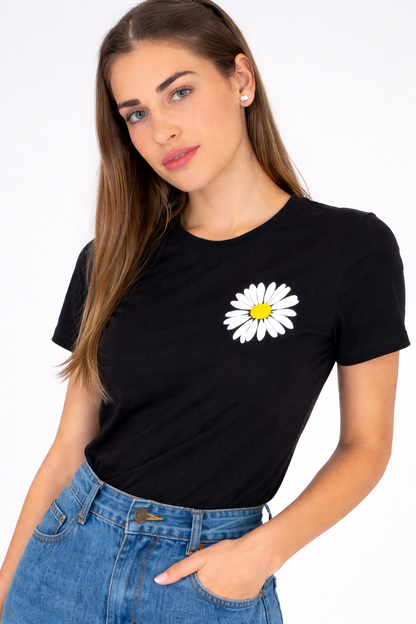 Minimal Daisy Graphic T-Shirt for Women | Cute Aesthetic Black Cotton Tee by Pd Clori