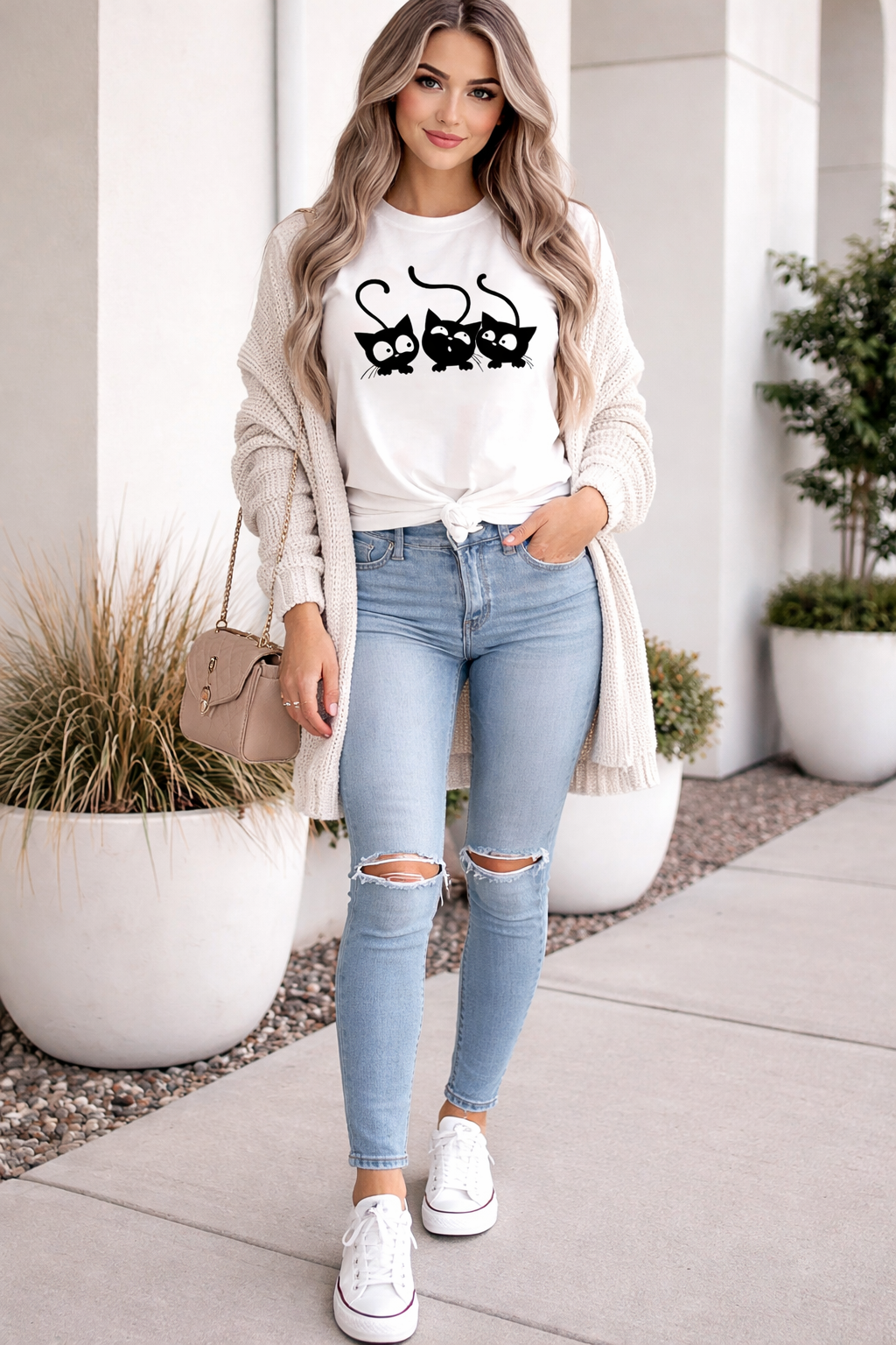 Cute Cat Graphic T-Shirt for Women | Minimal Aesthetic Cotton Tee by Pd Clori