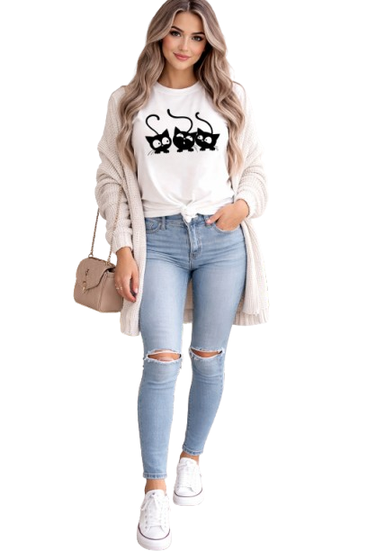 Cute Cat Graphic T-Shirt for Women | Minimal Aesthetic Cotton Tee by Pd Clori