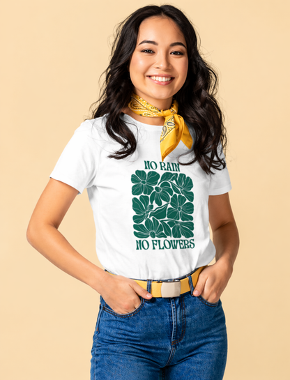 No Rain No Flowers Graphic T-Shirt for Women | Minimal Green Floral Tee by Pd Clori