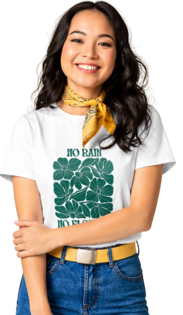 No Rain No Flowers Graphic T-Shirt for Women | Minimal Green Floral Tee by Pd Clori