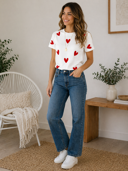 Women's White Heart Print T-Shirt | Premium Cotton Round Neck Casual Tee