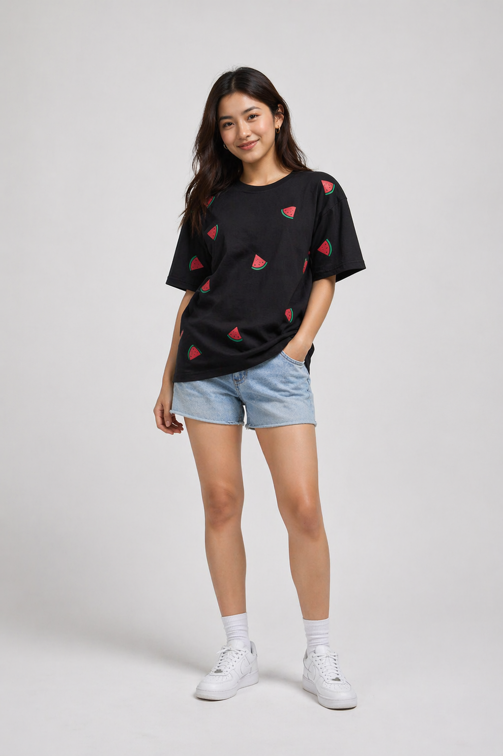 Women's Oversized Black Watermelon Print T-Shirt | Premium Cotton Graphic Tee