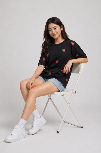 Women's Oversized Black Watermelon Print T-Shirt | Premium Cotton Graphic Tee