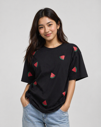 Women's Oversized Black Watermelon Print T-Shirt | Premium Cotton Graphic Tee