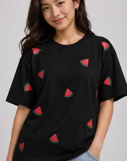 Women's Oversized Black Watermelon Print T-Shirt | Premium Cotton Graphic Tee