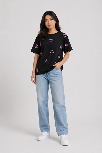 Women's Oversized Black Heart Print T-Shirt | Premium Cotton Graphic Tee