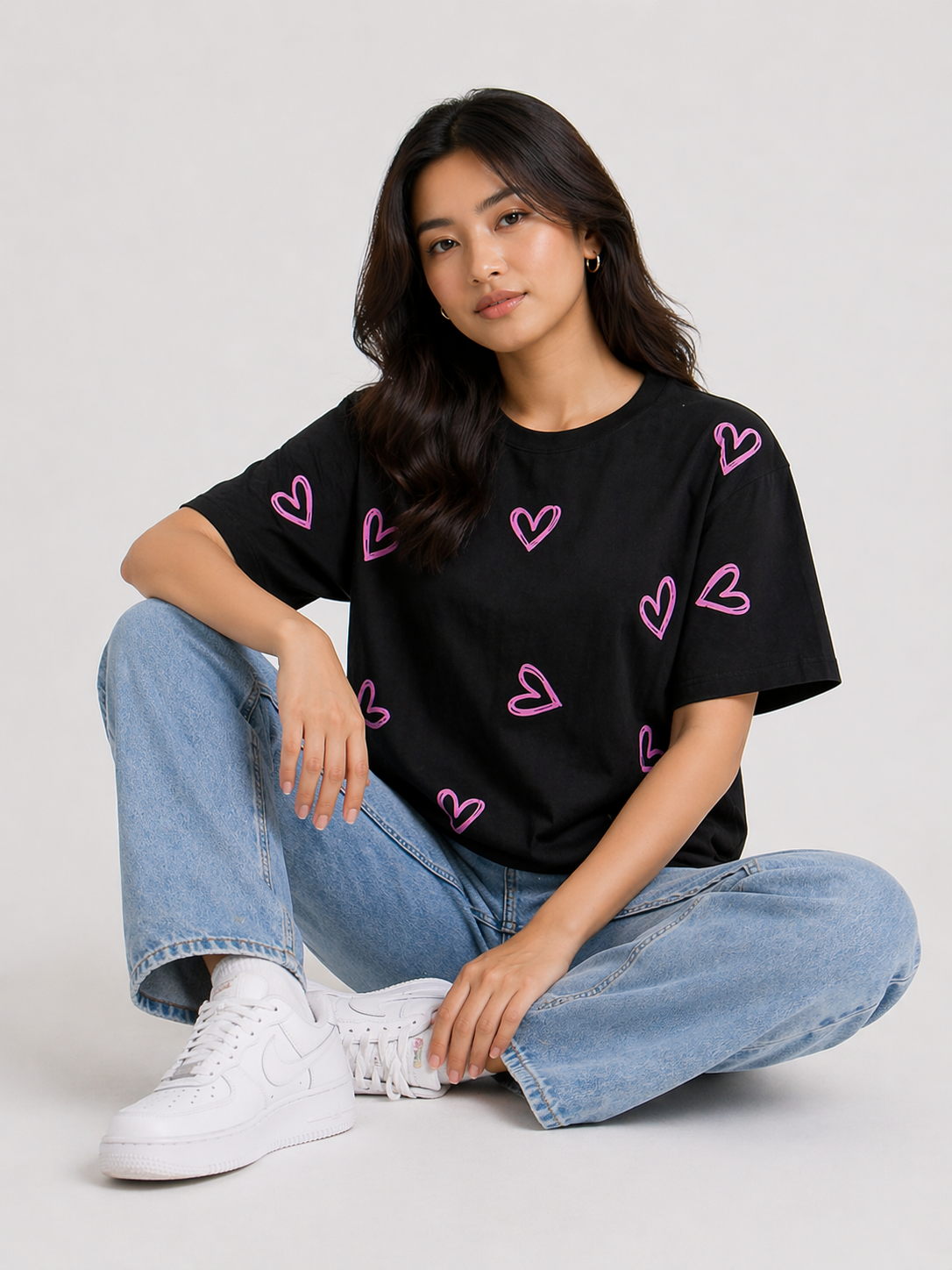 Women's Oversized Black Heart Print T-Shirt | Premium Cotton Graphic Tee