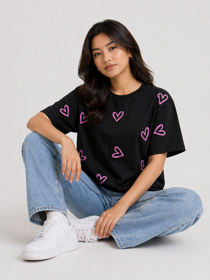 Women's Oversized Black Heart Print T-Shirt | Premium Cotton Graphic Tee