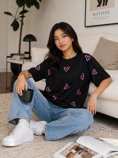 Women's Oversized Black Heart Print T-Shirt | Premium Cotton Graphic Tee