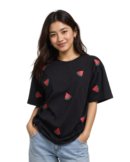 Women's Oversized Black Watermelon Print T-Shirt | Premium Cotton Graphic Tee
