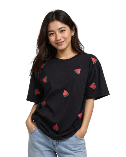 Women's Oversized Black Watermelon Print T-Shirt | Premium Cotton Graphic Tee