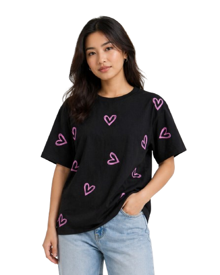 Women's Oversized Black Heart Print T-Shirt | Premium Cotton Graphic Tee