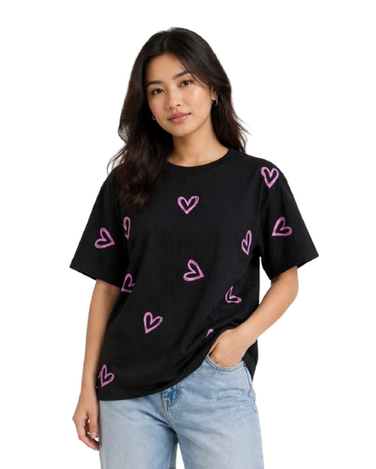 Women's Oversized Black Heart Print T-Shirt | Premium Cotton Graphic Tee
