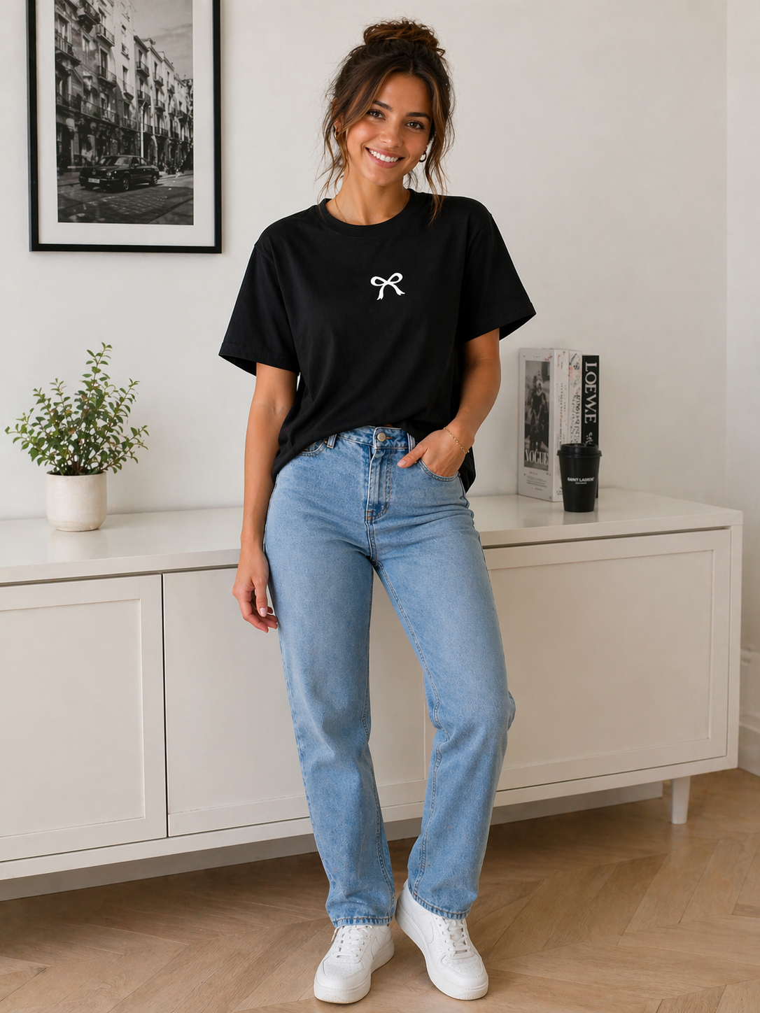 Minimal Bow Graphic Black T-Shirt for Women