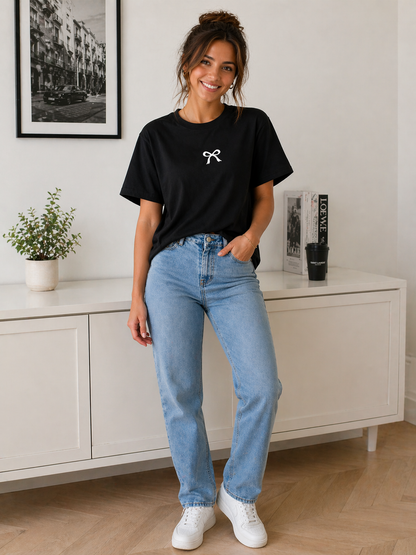 Minimal Bow Graphic Black T-Shirt for Women