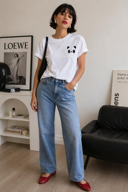 Minimal Panda Graphic White T-Shirt for Women
