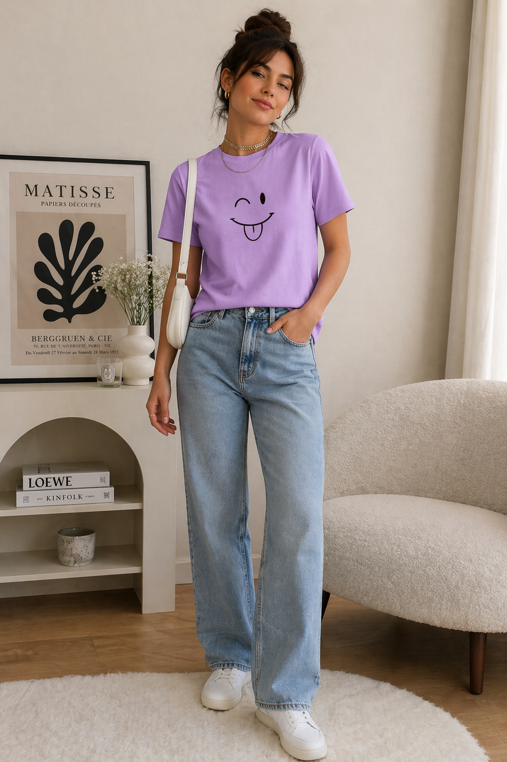 Minimal Smiley Graphic Lavender T-Shirt for Women