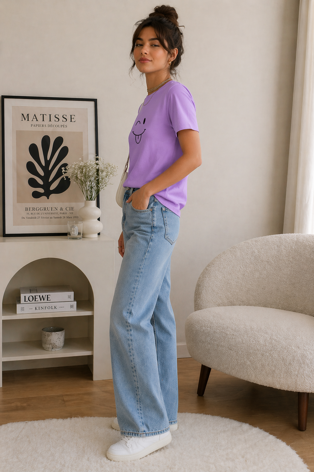 Minimal Smiley Graphic Lavender T-Shirt for Women