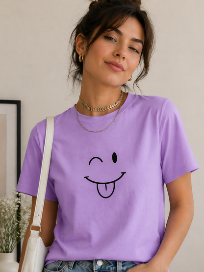Minimal Smiley Graphic Lavender T-Shirt for Women