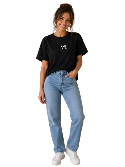Minimal Bow Graphic Black T-Shirt for Women