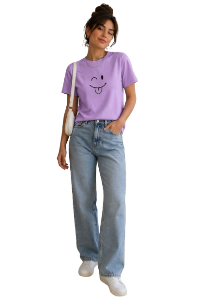 Minimal Smiley Graphic Lavender T-Shirt for Women