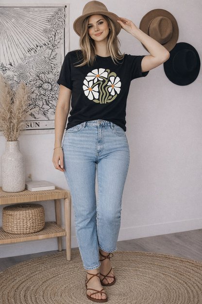 Women's Black Floral Graphic T-Shirt | Premium Cotton Round Neck Casual Tee