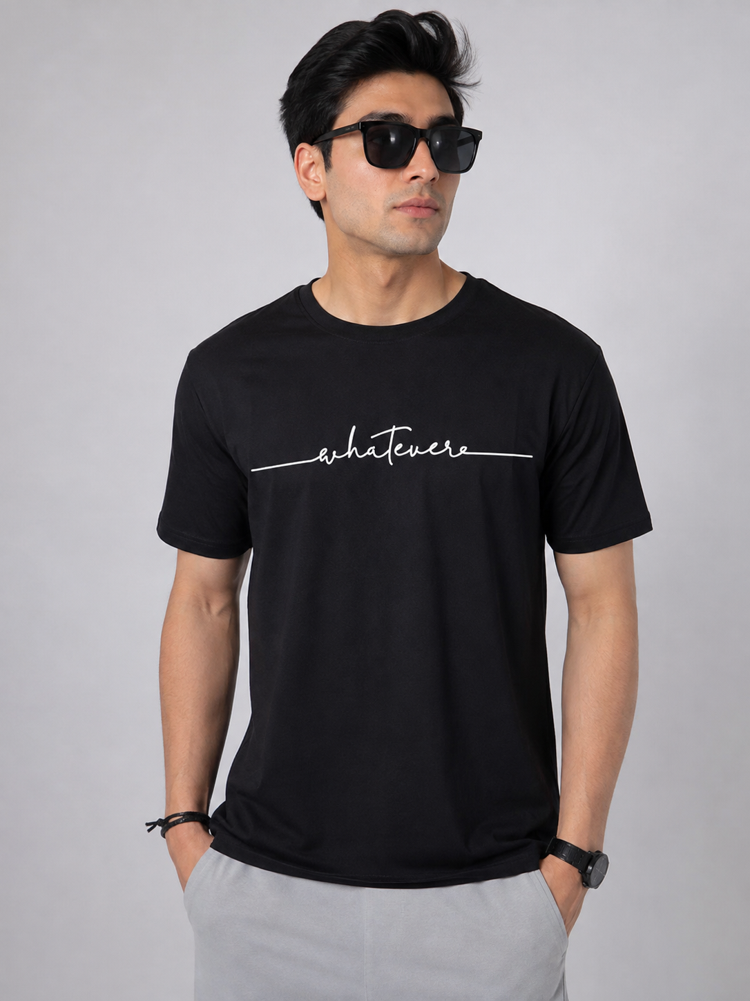 Men’s Black “Whatever” Printed T-Shirt – Regular Fit Cotton Tee