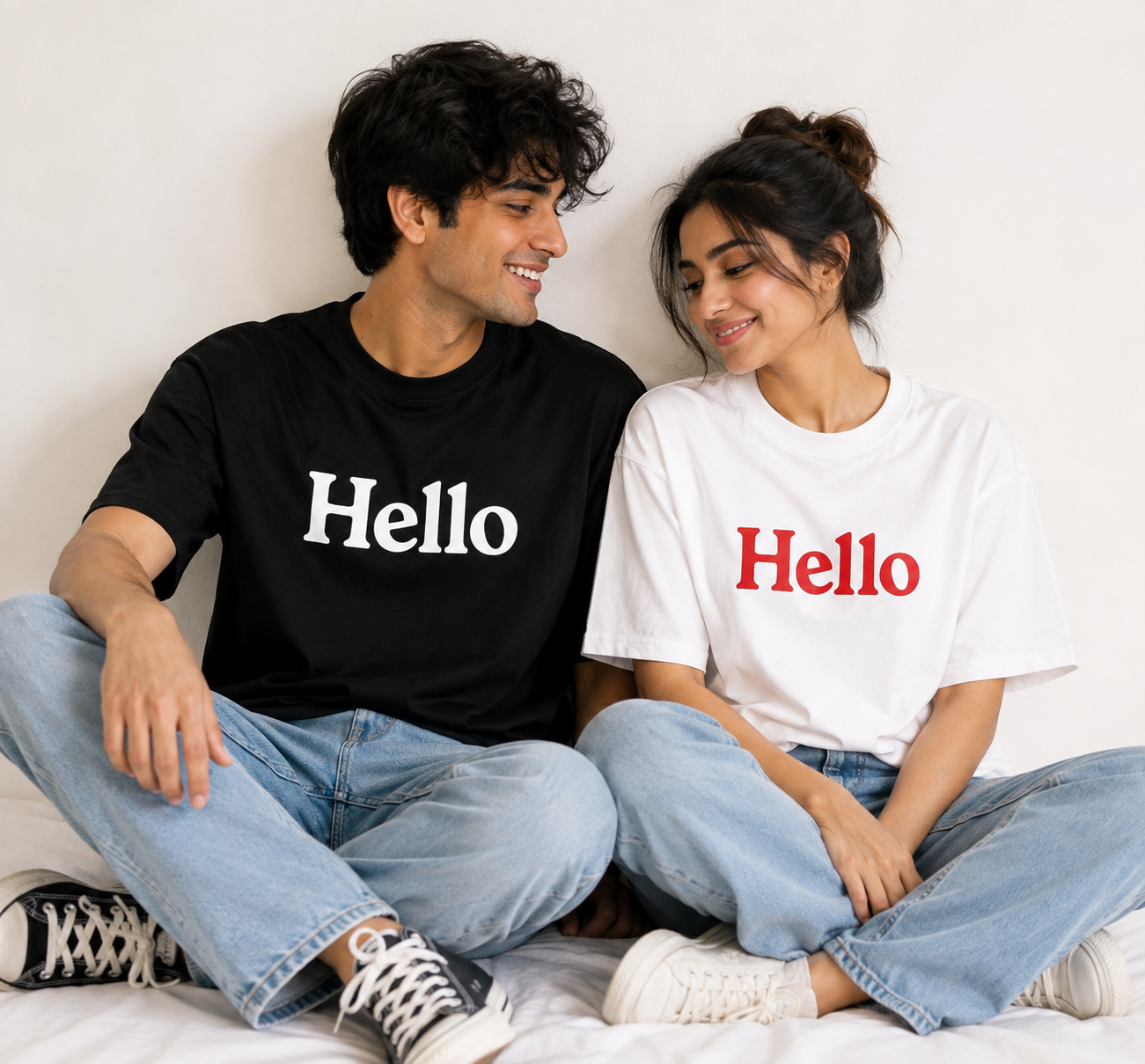 Matching Couple “Hello” Printed T-Shirts – Black & White Unisex Tees