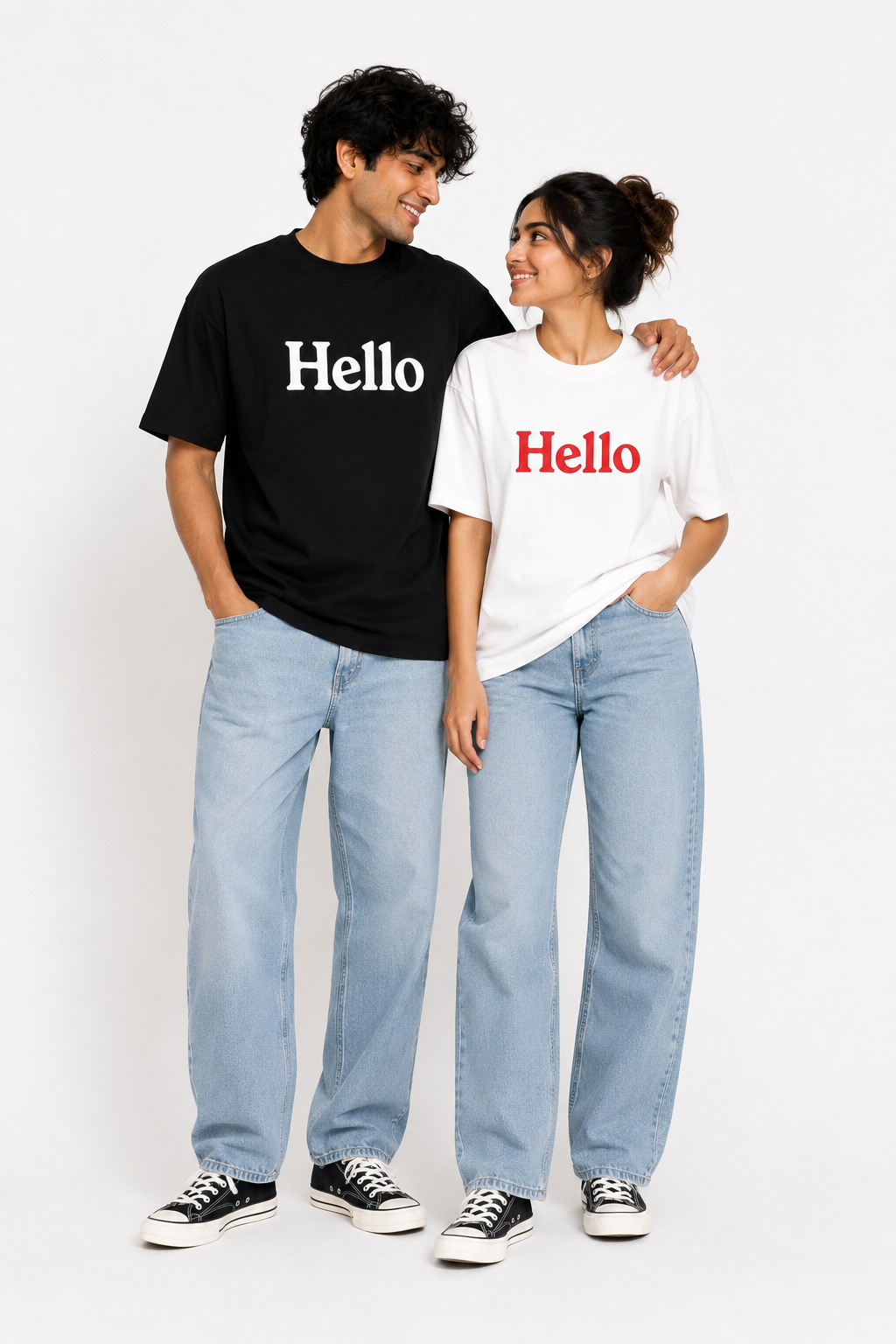 Matching Couple “Hello” Printed T-Shirts – Black & White Unisex Tees