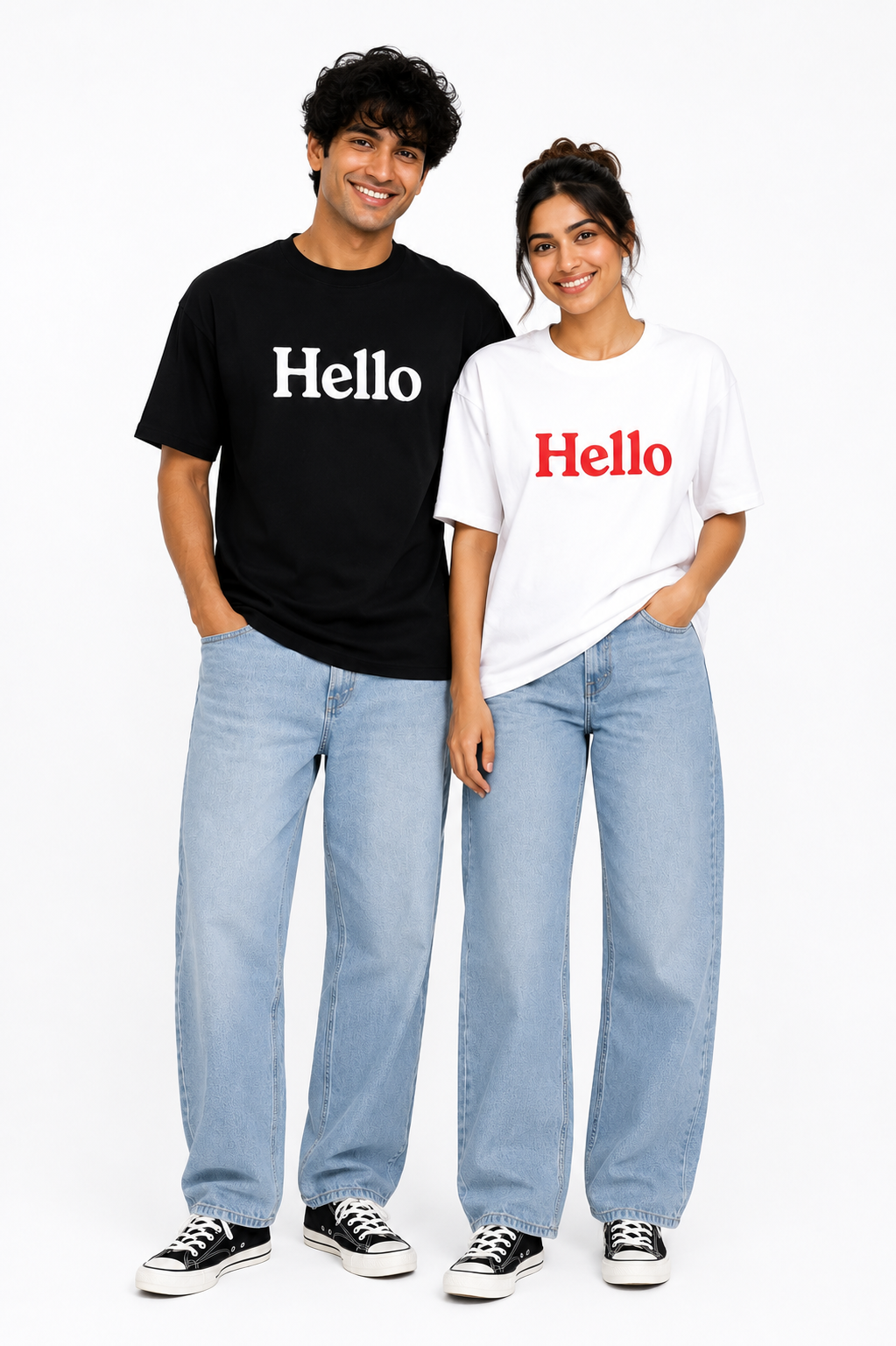 Matching Couple “Hello” Printed T-Shirts – Black & White Unisex Tees