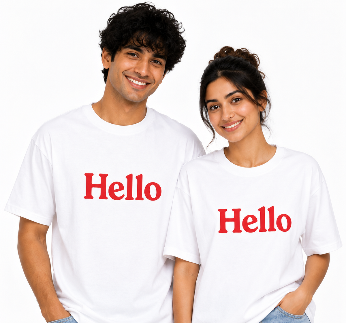 Matching Couple “Hello” Printed T-Shirts – White Unisex Couple Tees