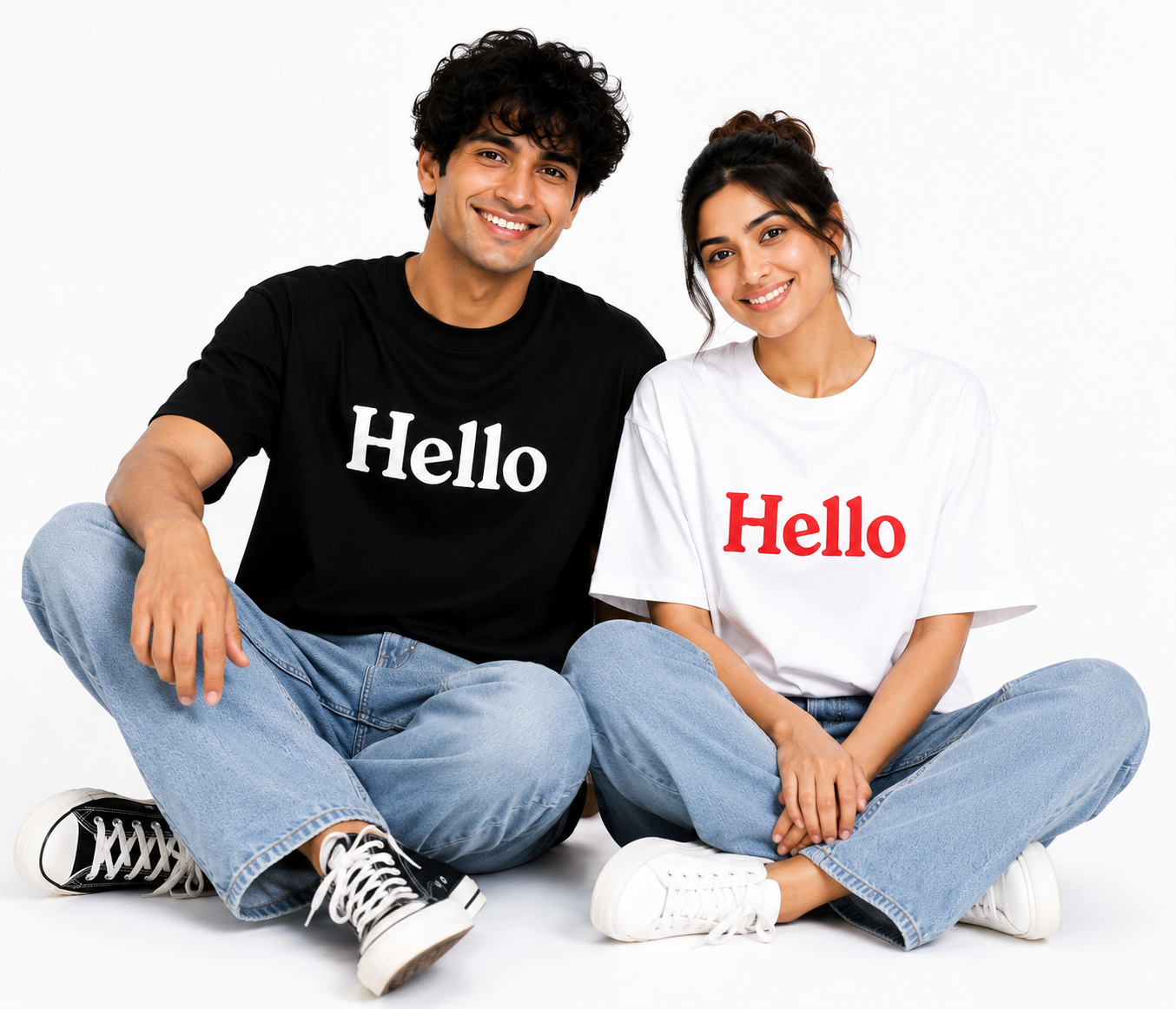 Matching Couple “Hello” Printed T-Shirts – Black & White Unisex Tees