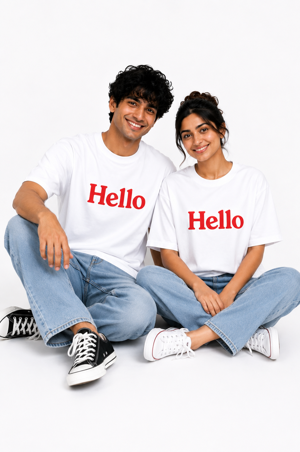 Matching Couple “Hello” Printed T-Shirts – White Unisex Couple Tees