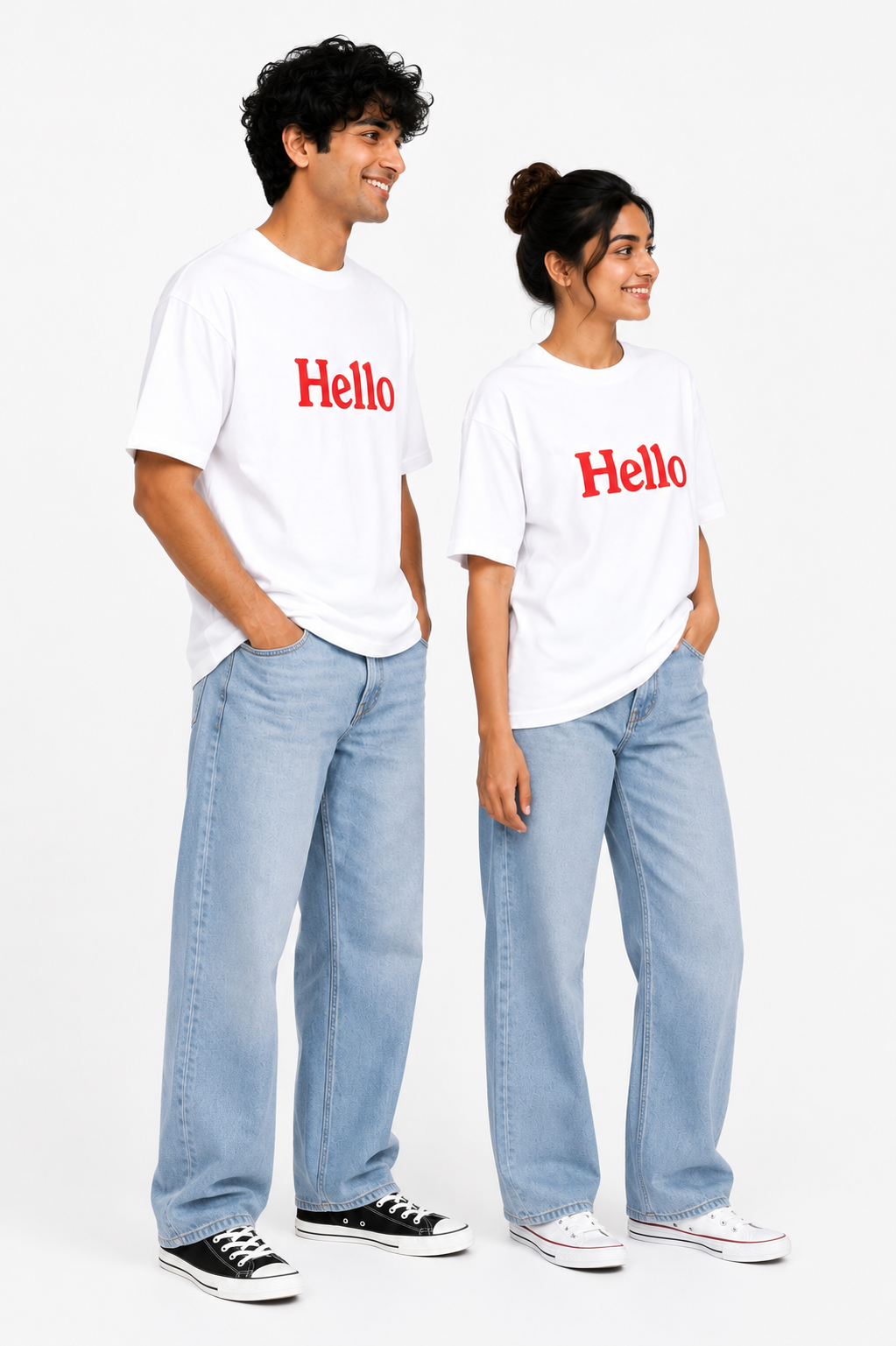 Matching Couple “Hello” Printed T-Shirts – White Unisex Couple Tees