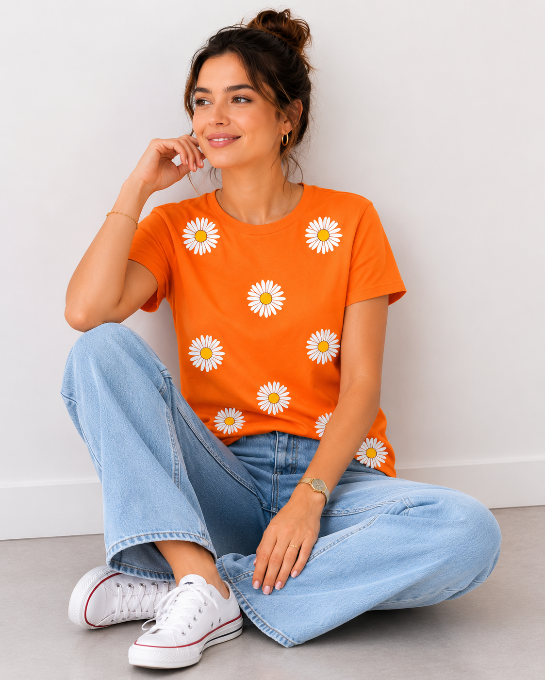 Women's Orange Daisy Flower Printed Oversized Cotton T-Shirt | Casual Graphic Tee