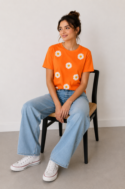 Women's Orange Daisy Flower Printed Oversized Cotton T-Shirt | Casual Graphic Tee