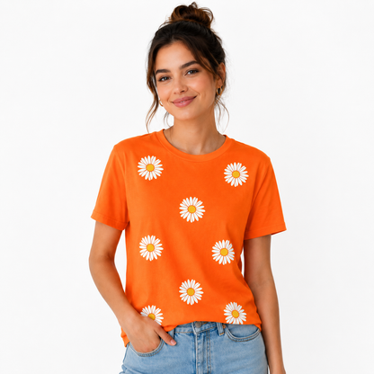 Women's Orange Daisy Flower Printed Oversized Cotton T-Shirt | Casual Graphic Tee