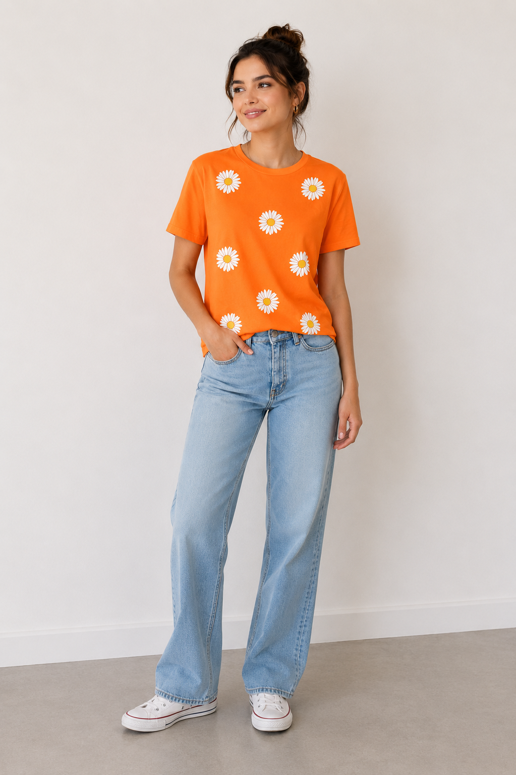Women's Orange Daisy Flower Printed Oversized Cotton T-Shirt | Casual Graphic Tee