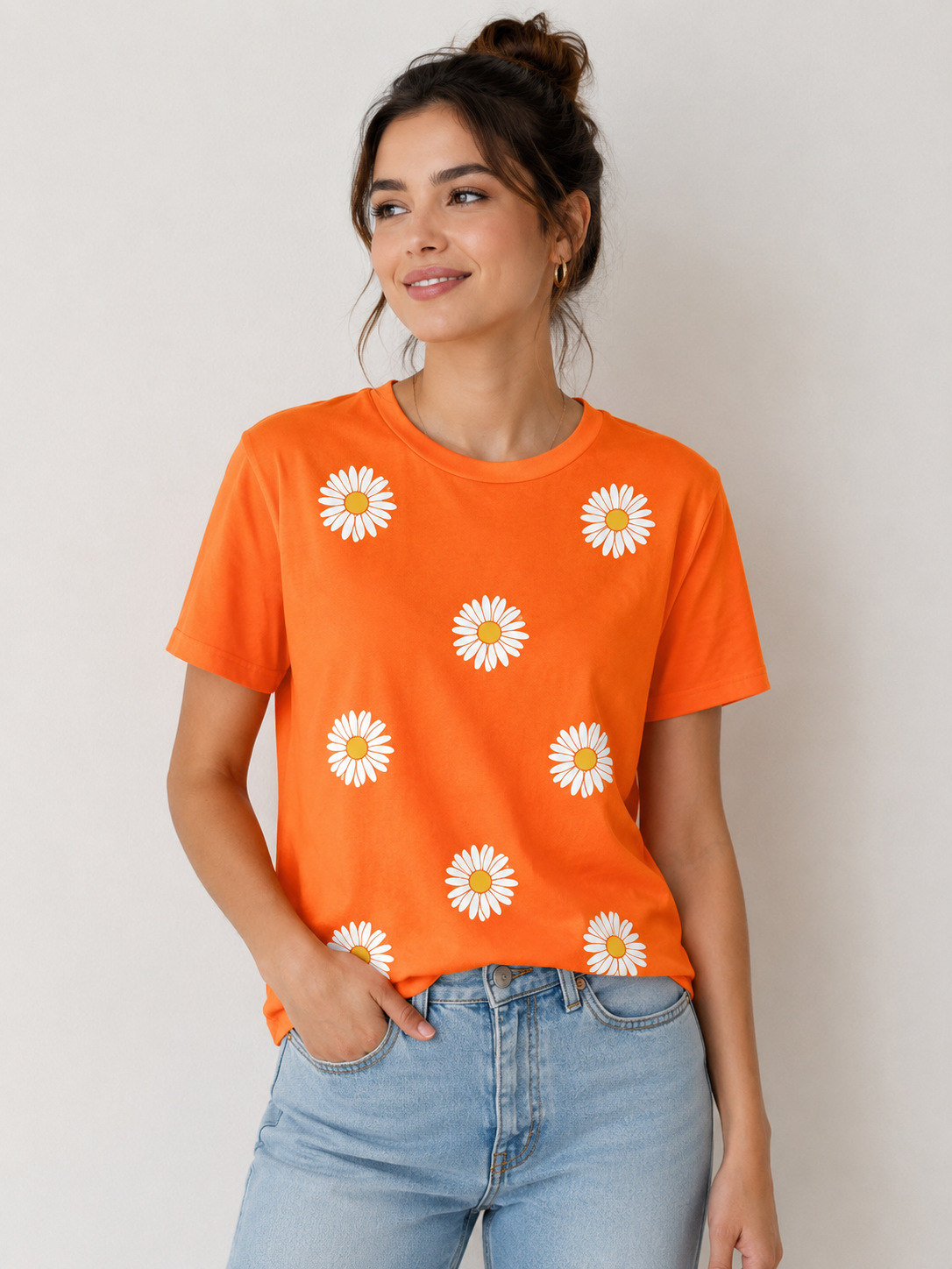 Women's Orange Daisy Flower Printed Oversized Cotton T-Shirt | Casual Graphic Tee